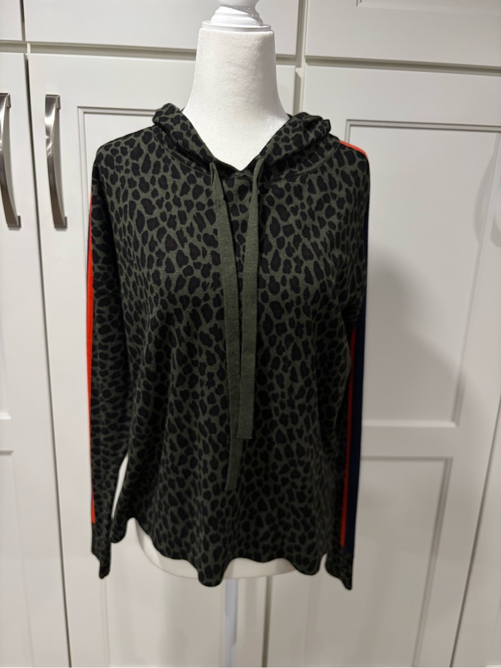 Olive Green Leopard Print Hoodie with Red and Blue Sleeve Stripe
